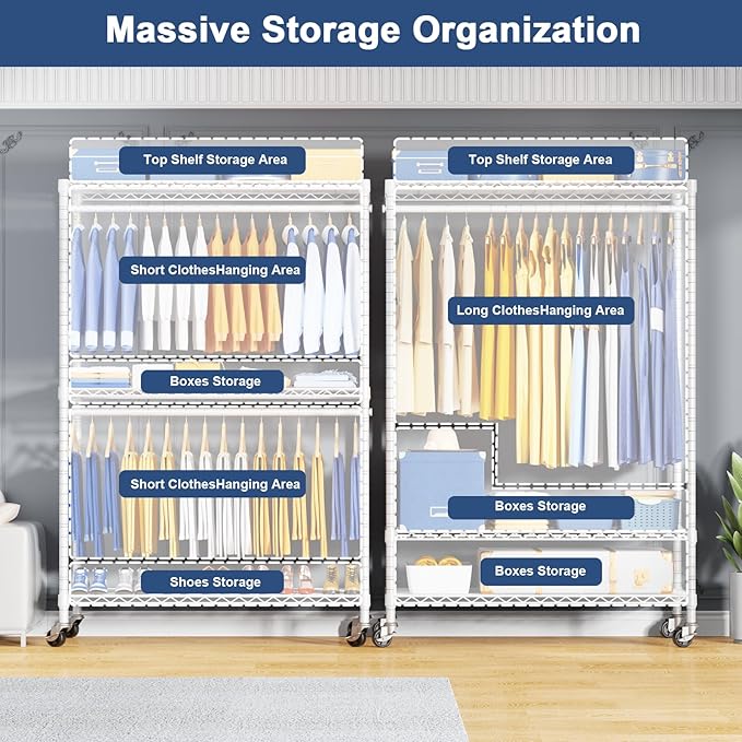 P8C Heavy Duty Clothes Rack（With Extended Width Design） Rolling Clothing Racks for Hanging Clothes with Lockable Wheels，51.2"W x 15.8"D x 80.5"H，Max Load 700LBS，White Rack with Black Cover
