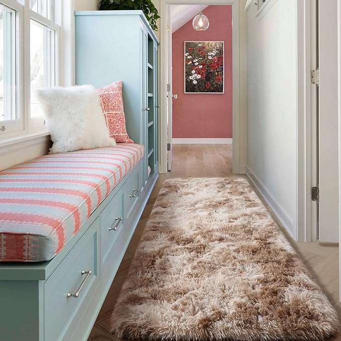 ONASAR Runner Rugs for Bedroom Living Room, Tie-Dyed Beige 2x6 Washable Bedside Hallway Fluffy Area Rug, Ultra Soft Plush Furry Faux Fur Non Slip Floor Carpet for Nursery Kids Dorm Closet Home Decor