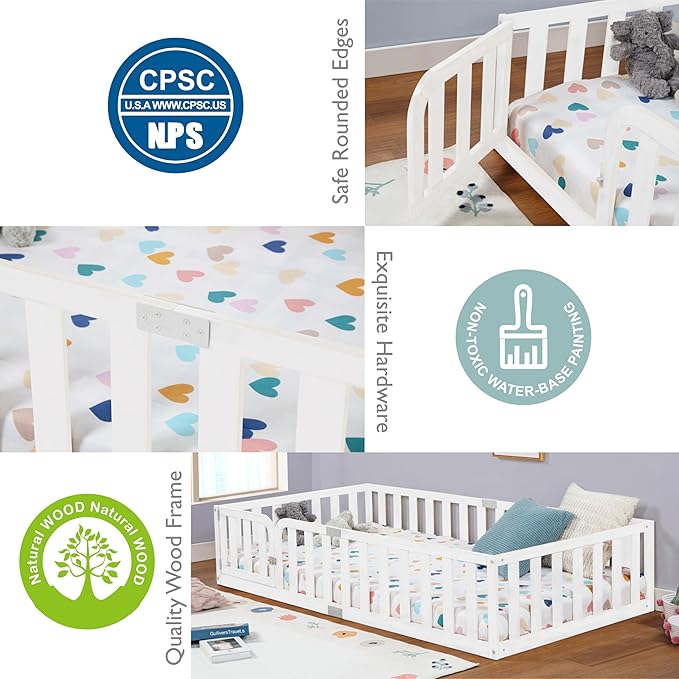 Spirich Twin Size Kids Floor Bed Frame with Fence and Door, Solid Wood Montessori Floor Bed for Kids with Safety Guardrails, Twin Bed Frame for Boys and Girls, White
