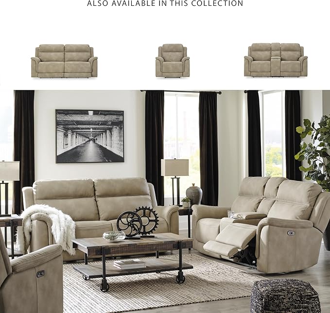 Signature Design by Ashley Next-Gen DuraPella Power Reclining Sofa with Adjustable Headrest, USB, Extended Ottoman, Faux Leather, 80" W x 42" D x 42" H, Beige Sand