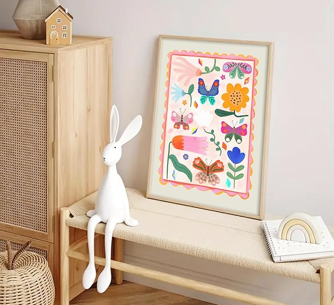 Colourful Nursery Canvas Wall Art ABC Nursery Wall Decor Pink Butterflies and Flowers Painting Picture Pastel Girl Kid Rainbow Poster Print for little Girl's Bedroom Kids Room Babys Playroom, Unframed