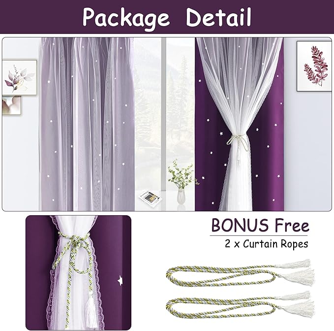Kinryb Star Cutout Blackout 95 Inches Curtains Double Layer with Sheer Overly Curtains for Bedroom Thermal Insulated Window Treatment Set with 2 Free Tiebacks (52W x 95L 2 Panels Purple)
