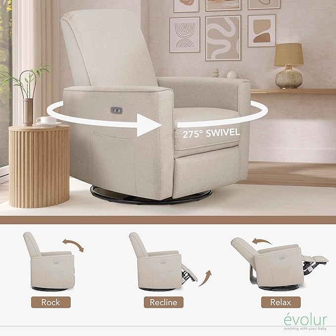 Evolur Harlow Upholstered Power Glider Recliner with USB Charging – Rocking & 275° Swivel with Smooth Glide – Greenguard Gold & FSC Certified – Modern Nursery and Living Room Chair in Light Sand