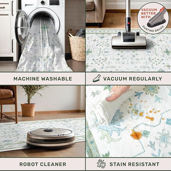 Boho Bathroom Runner 2x7 - Cream Green Oushak Floral Turkish, Washable Low Pile Non Slip Stain Resistant Small Accent Rug for Kitchen, Hallway