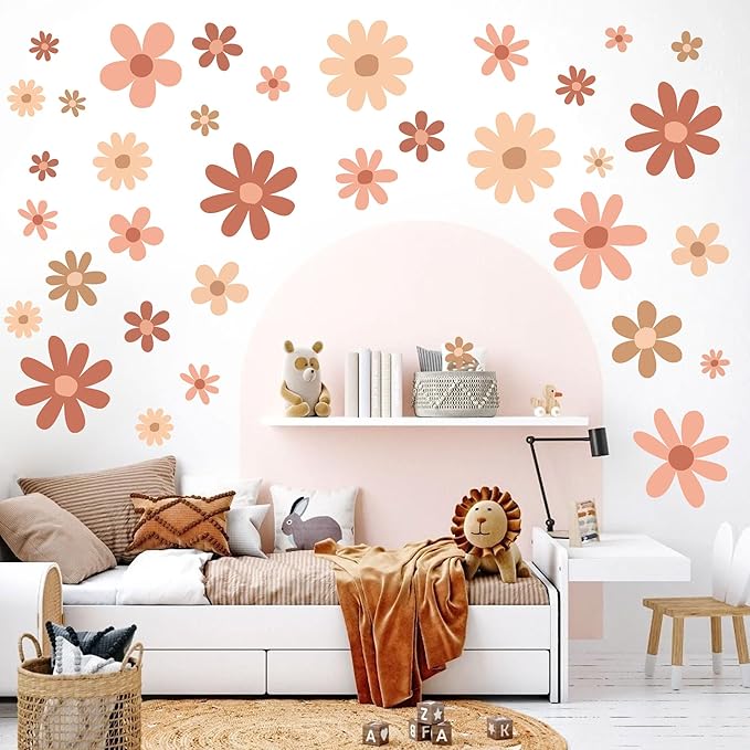 12 Sheets Daisy Wall Decals Boho Flower Wall Stickers Cute Kids Girls Room Decor Peel and Stick Floral Decals Toddler Nursery Playroom Living Room Bedroom Classroom Retro Hippie Decor Boho Style