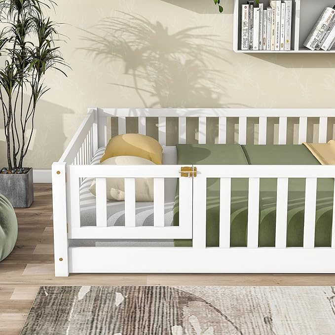Bellemave Full Size Floor Bed Frame with Fence and Door for Kids, Montessori Floor Bed with Slats and Safety Guardrails,Solid Wood Full Bed Frame for Girls Boys,White