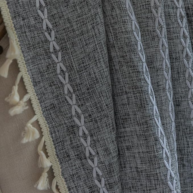 Deeprove Dark Gray Boho Curtains 96 inches Length for Bedroom Living Room, Coal Grey Bohemian 96 inches Long Embroideried Cottage Farmhouse Vintage Tassel Window Treatments, W52 x L96, 1 Panel