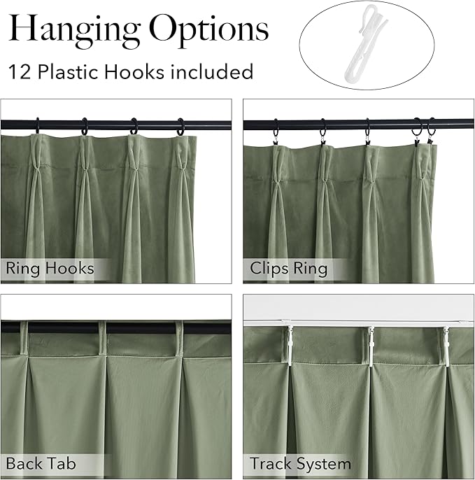 StangH Pinch Pleated Velvet Curtains 108 inches Long, Extra Wide Sage Green Room Darkening Window Treatments Thermal Insulated Floor to Ceiling Drapes for Living Room, W72 x L108, 1 Panel