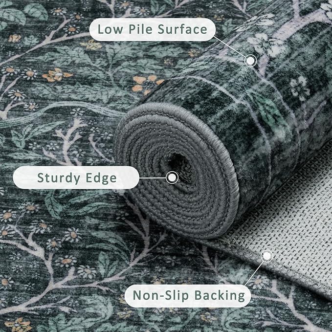 2x3 Washable Entry Rug,Retro Green Front Door Rugs，Non-Slip Vintage Throw Small Carpet for Bedroom Kitchen Classroom Rug Bathroom Children's Room Entrance