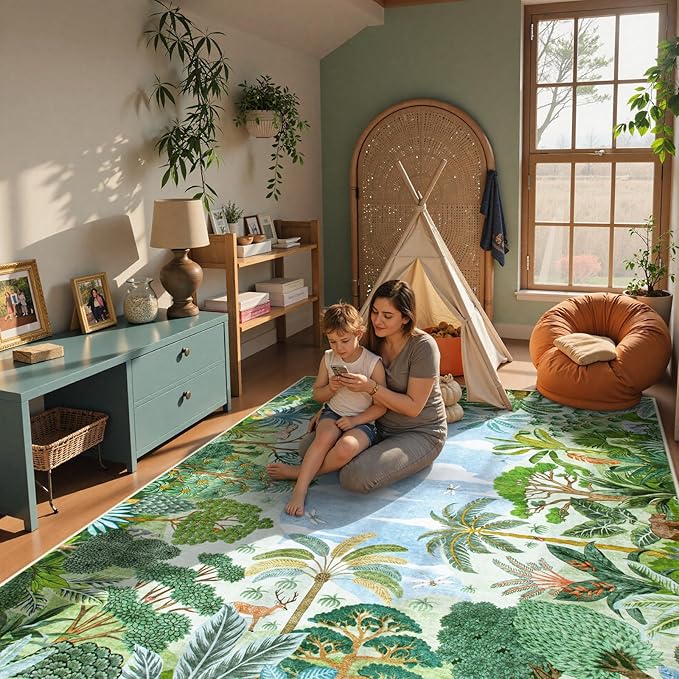 Lahome Summer Jungle Washable Rugs 9x12 Large Living Room Rug Green Forest Bedroom Carpet, Soft Dining Room Carpet for Under Table Non Slip Non Shedding Floor Mat for Classroom Office Room Decor
