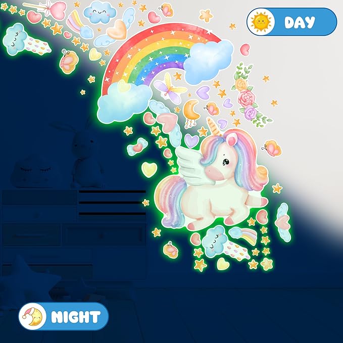 Large Unicorn and Rainbow Wall Decals Glow in The Dark, Cute Stars Stickers for Baby Girls Room, Luminous Ceiling Decor for Bedroom Playroom Nursery