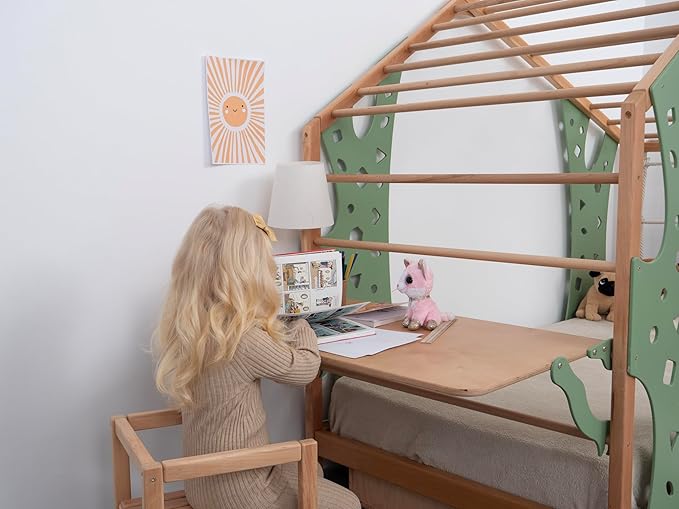 BUSY WOOD Monkey Bed – Twin Frame with Storage & Foldable Table – Montessori Indoor Playground – Jungle Gym Furniture for Kids – Toddler Sleeping Frame with 3 Drawers