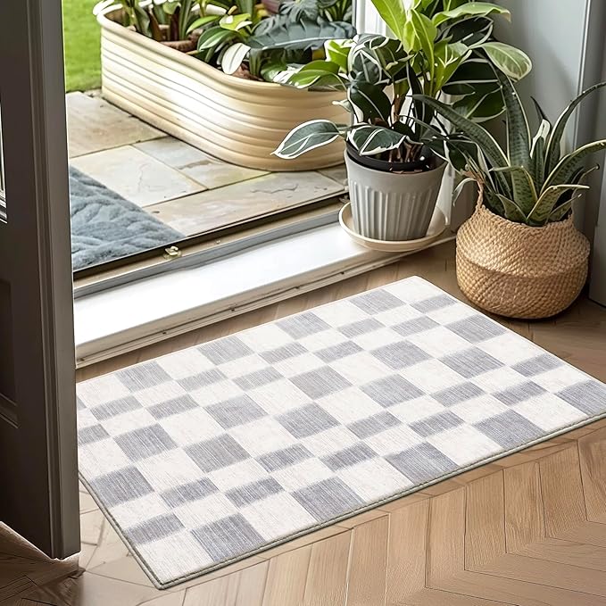 EverGrace Checkered Plaid Area Rug 2x3, Soft Fuzzy Faux Wool Rugs Washable Anti Slip Rugs Small Rug Carpet for Entryway Bedroom Living Room Hallway Kitchen Dining Room and Laundry Room, Light Gray