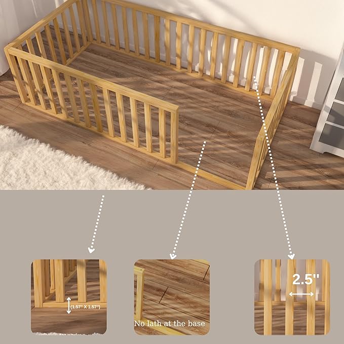 Montessori Floor Bed for Kids 60'' x 80'' Queen | Toodlers Floor Bed with Safety Guardrails | Pine Wood Baby Bed | Sturdy Wood Frame Bed for Girls and Boys (Queen, Height : 23.6 Inches)