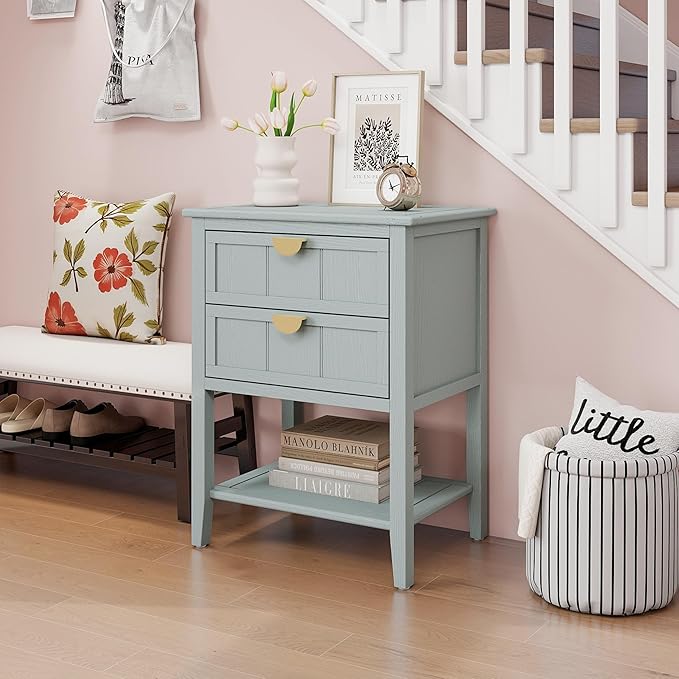 Nightstand, End Table with 2 Drawers, Mid Century Modern Side Table with Shelf Storage Bed Night Stand Accent Table for Bedroom, Living Room… (Light Green-C)