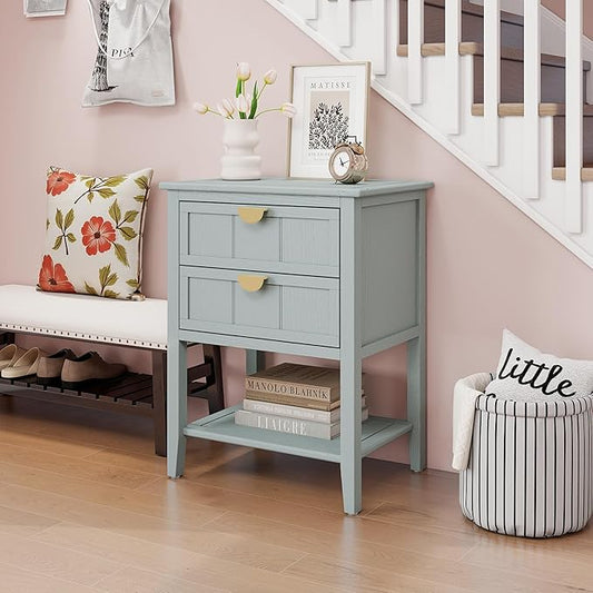 Nightstand, End Table with 2 Drawers, Mid Century Modern Side Table with Shelf Storage Bed Night Stand Accent Table for Bedroom, Living Room… (Light Green-C)