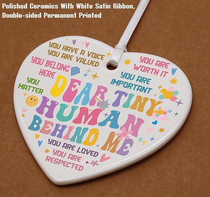 Heart Shaped Christmas Ornament-Dear Tiny Human Behind Me Funny Quote Decor-Gift for Kids Baby Positive Motivational Encouragement Present Ceramic Keepsake Ornament