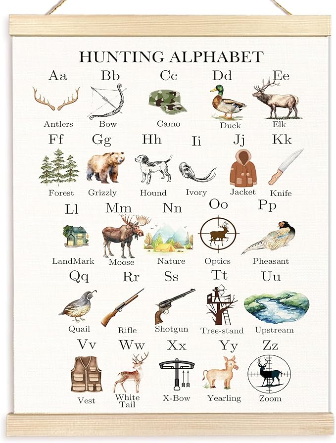 BESERH Hunting Alphabet Nursery Wall Art Posters, Kids Room Wall Decor, ABC Hunting Alphabet Educational Canvas Prints Artwork Framed for Toddler Kids Bedroom Nursery Classroom, 12x16 Inch