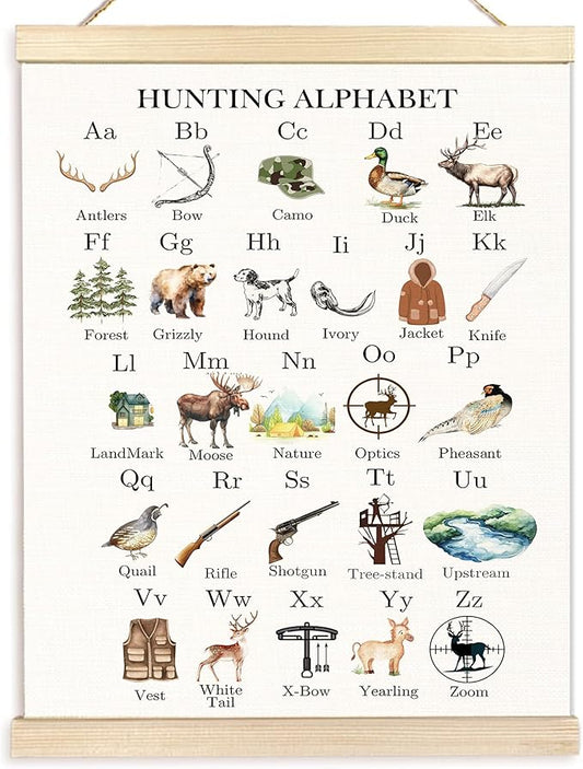 BESERH Hunting Alphabet Nursery Wall Art Posters, Kids Room Wall Decor, ABC Hunting Alphabet Educational Canvas Prints Artwork Framed for Toddler Kids Bedroom Nursery Classroom, 12x16 Inch