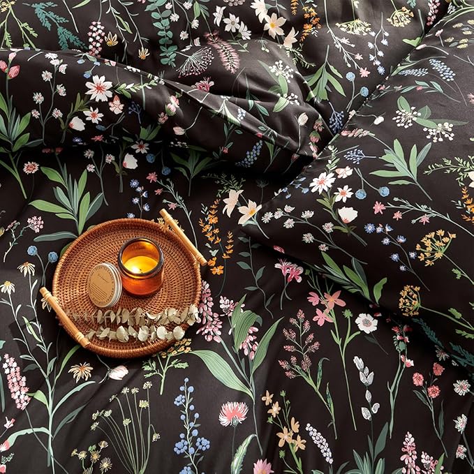 Floral Duvet Cover Full Black 3 Pieces Elegant Botanical Flower Bedding Set Farmhosue Aesthetic Bedding Soft Microfiber Duvet Cover Set with 2 Pillowcases