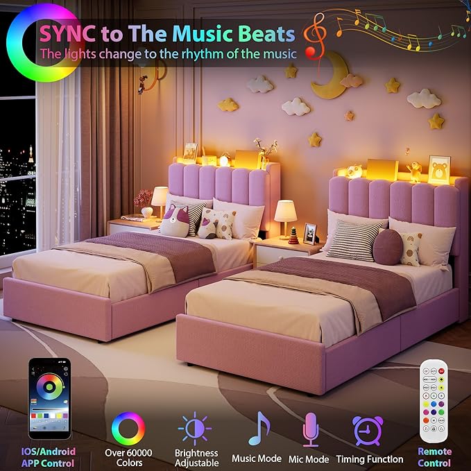 Garvee LED Twin Size Bed Frame with Storage Headboard, Kids Bed Frame with 2 Drawers, Boucle Upholstered Platform Bed for Girls, Chic Wavy Headboard with Bookcase, No Box Spring Needed, Purple