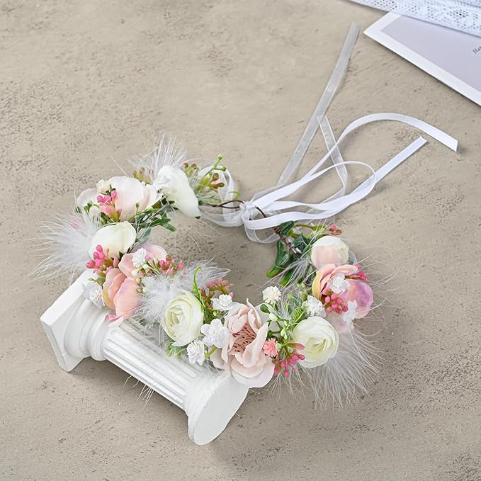 Baby Girls Flower Crown Flower Girl Headpiece boho Little Wreaths for Weddings, Family photography (Pink White)