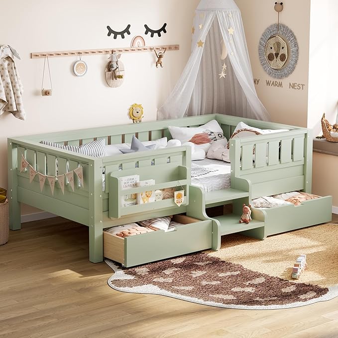 Bellemave Twin Bed with Slats and Stairs, Twin Size Platform Bed Frame with Fence, Bookshelf and Storage Drawers, Easy Assemble Beds for Kids, Girls, Boys, Green