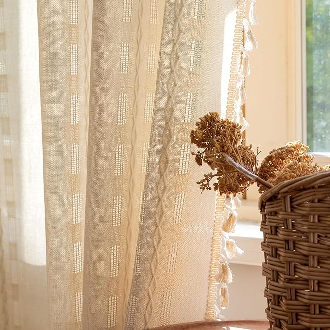 Deeprove Ivory Boho Curtain 63 inches Length for Living Room Bedroom Home Office, Retro Casual Bohemian Sheer 63 inches Long Stripe Embroidery Privacy Window Tassel Decor W52 x L63, 1 Panel