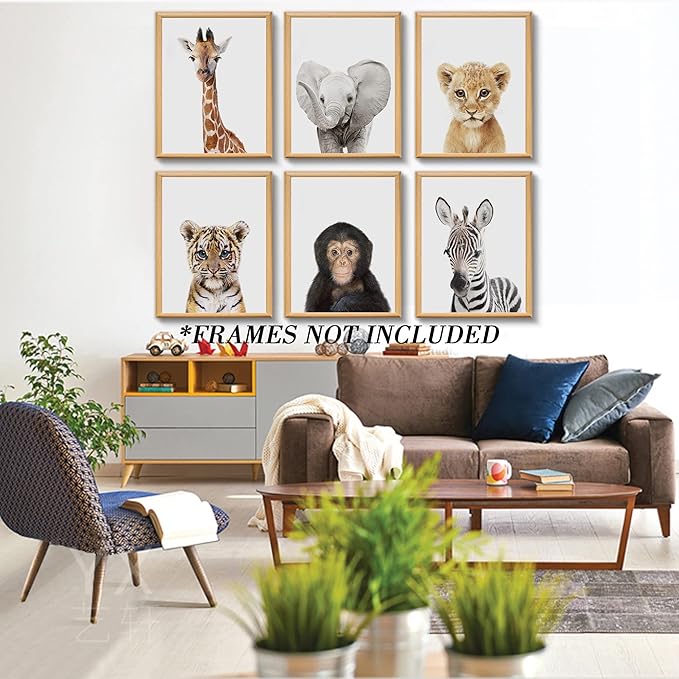 Set of 6 Baby Safari Nursery Wall Decor - Picture Cute Animal Wall Prints on Canvas, under 20 dollars gifts for Baby Boys and Girls Room, UNFRAMED Wall Art(12 x 16 inch)