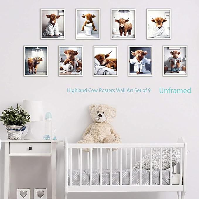 Funny Bathroom Highland Cow Wall Art, Vintage Brown Cow Animal Canvas Posters Prints Home Decor Set of 9, for Farmhouse Kids Bathroom Decoration Restroom Artwork 8x10In Unframed