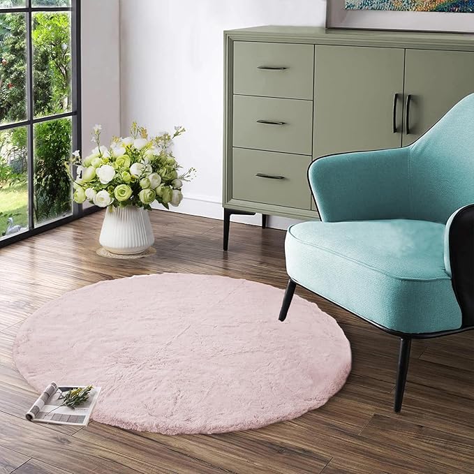 Latepis Light Pink Circle Rug 3ft Fuzzy Round Throw Rug Non-Slip Faux Rabbit Fur Carpet for Bedroom, Living Room, Nursery, Playing Room and Dorm