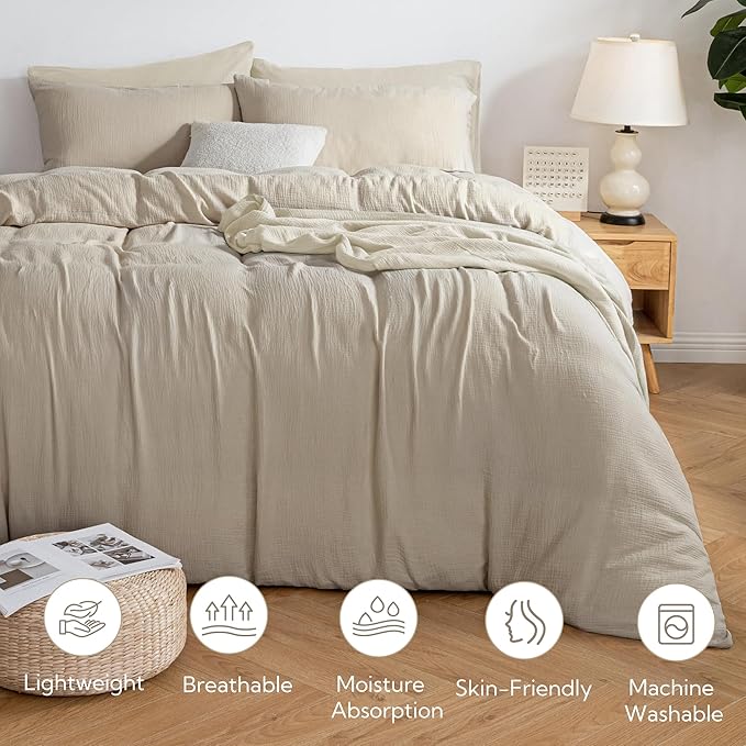 MILDLY Muslin Duvet Cover Full - 100% Washed Cotton Linen Like Gauze Comforter Cover 3 Pieces Breathable & Lightweight for All Season