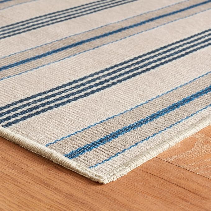 Dash & Albert Nimes Ticking Neutral Machine Washable Rug, 7.5 X 9.5 Feet, Blue Stripe Pattern