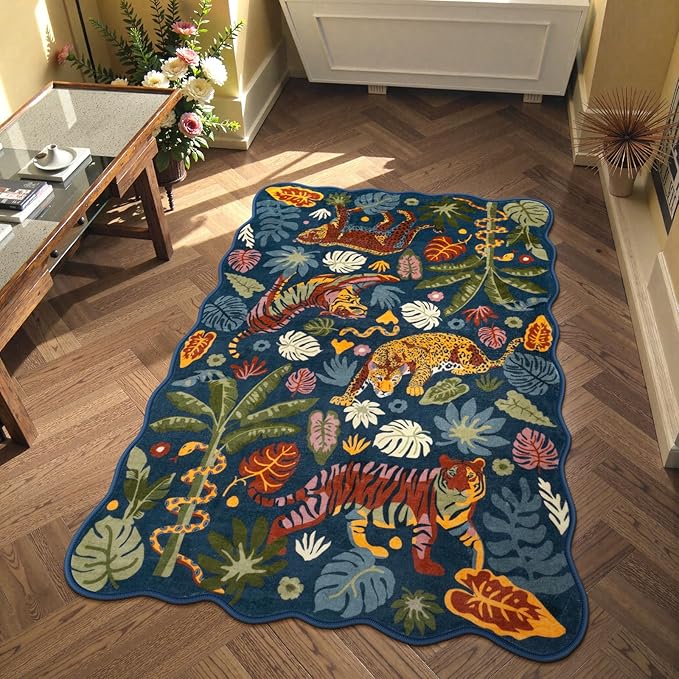 LEEVAN 3x5 Bedroom Rug Washable Tiger Kitchen Rugs Non Slip Blue Entryway Mat Scalloped Office Floor Pad Leopard Living Room Rug Low Pile Playroom Carpet Jungle Kids Mat