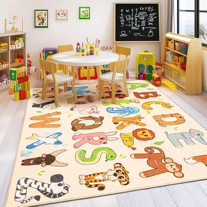 Kids Rugs for Playroom, 7x9 Feet Educational Rug for Learn The ABC Alphabet, Soft Machine Washable Non-Slip Cute Animal Carpet for Classroom Toddler Nursery Kids Room Decor Mat, Beige