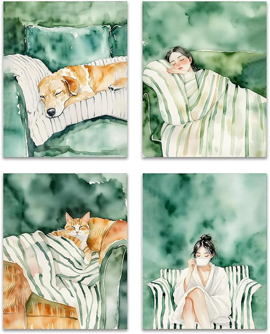 OFJE Golden Retrieve Cat Female Emerald Green Wall Art Decor Prints Set of 4, Watercolor Pet Aesthetic Wall Art Posters Decor for Girls Bedroom Home Living Room, 8x10 Unframed
