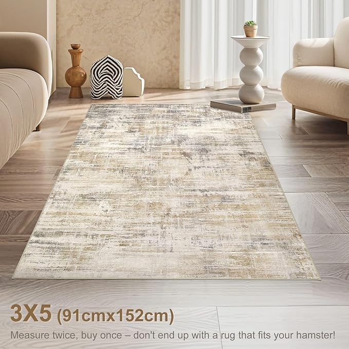 Area Rug for Living Room: 3x5 Washable Neutral Abstract Modern Soft Rugs Non Slip Indoor Floor Stain Resistant Carpet for Bedroom Dining Room Office Nursery - Golden Brown