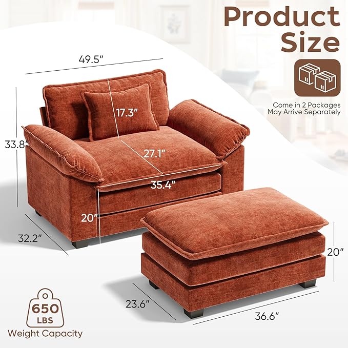 CDCASA Oversized Accent Chair with Ottoman, Chenille Comfy Cloud Sofa Chair with Large Seat and Upholstered Armrests, Modern Extra Wide Armchair for Bedroom, Living Room,Set of 2,Terracotta Orange