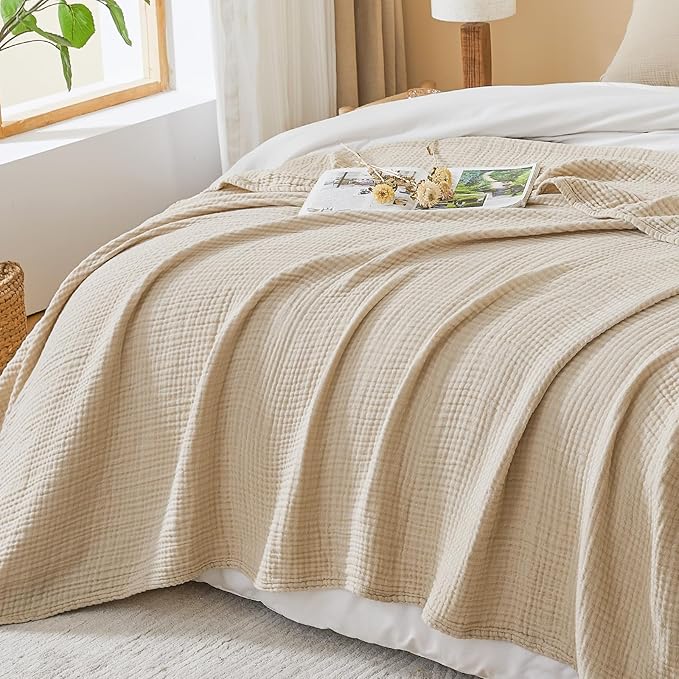 EMME Cotton Muslin Queen Blanket Bed Layering Bedspread Coverlet Breathable Gauze Soft Lightweight Blankets (Beige, 90"x90")