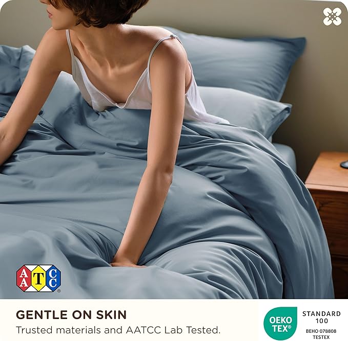 Bedsure Cotton Duvet Cover Queen Size, Cotton & Rayon Derived from Bamboo Blend Duvet Cover Set for Hot Sleepers,Ultra-Soft, Breathable & Lightweight Home Bedding for All Seasons (Dusty Blue,90"x90")