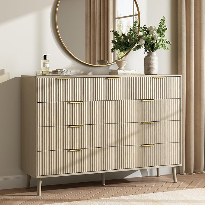 CARPETNAL Fluted 9 Drawer Dresser for Bedroom, 55" Wide Wooden Chest of Drawers with Rounded Corners, Gold Handles, Modern Storage Organizer for Bedroom, Hallway (Beige)