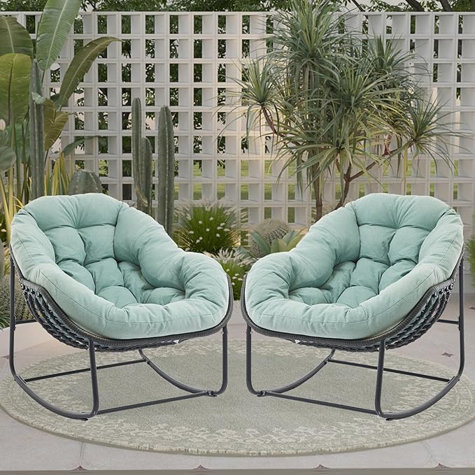 Oversized Outdoor Papasan Rocking Chair Set of 2 with Soft Cushion, Comfy Patio Egg Chair, Wicker Lounge Rocker for Balcony/Porch/Garden, Reinforced All Weather Rattan Frame, Mint Green