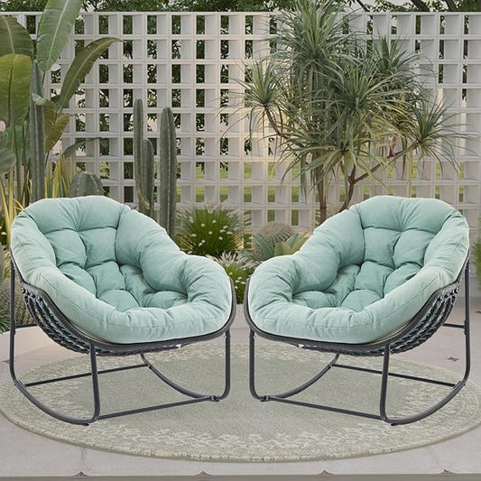 Oversized Outdoor Papasan Rocking Chair Set of 2 with Soft Cushion, Comfy Patio Egg Chair, Wicker Lounge Rocker for Balcony/Porch/Garden, Reinforced All Weather Rattan Frame, Mint Green