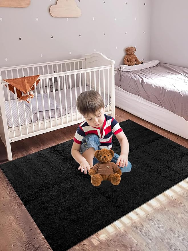 12 pcs Thickened Plush Foam Interlocking Floor Mats, Interlocking Foam Tiles with Edgings for Kids, Soft Anti-Slip Puzzle Area Square Rug Playmat for Children Room Flat (11.8", Black)
