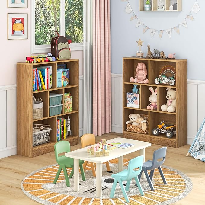 Costzon 7-Cube Bookshelf for Kids, Wooden Toy Storage Organizer w/ 2 Anti-Toppling Kits, 3 Tier Open Shelves & Non-Slip Foot Pads, Montessori Toy Shelf for Kids Rooms, Playroom, Classroom, Nursery