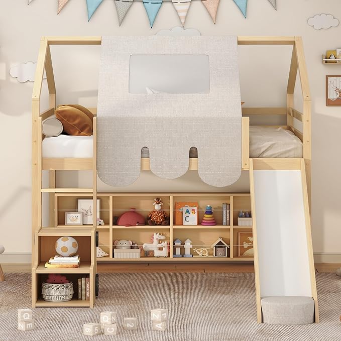 Playhouse Design Full Size Wood Loft Bed with Slide and Tent, Low Loft House Bed Frame with Storage Shelves and Removable Car-Shaped Staircase for Kids Teens Boys Girls Bedroom (Natural-PT)