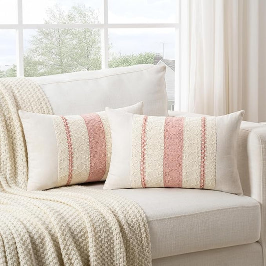 Fancy Homi Set of 2 Boho Pink Lumbar Decorative Throw Pillow Cover 12x20 Inch for Couch Bed Sofa Chair, Modern Organic Farmhouse Home Decor, Soft Cotton Cute Accent Rectangle Cushion Case