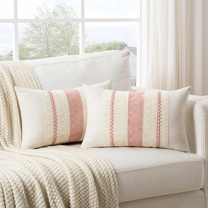 Fancy Homi Set of 2 Boho Pink Long Lumbar Decorative Throw Pillow Cover 12x24 Inch for Couch Bed Sofa Chair, Modern Organic Farmhouse Home Decor, Soft Cotton Cute Accent Rectangle Cushion Case
