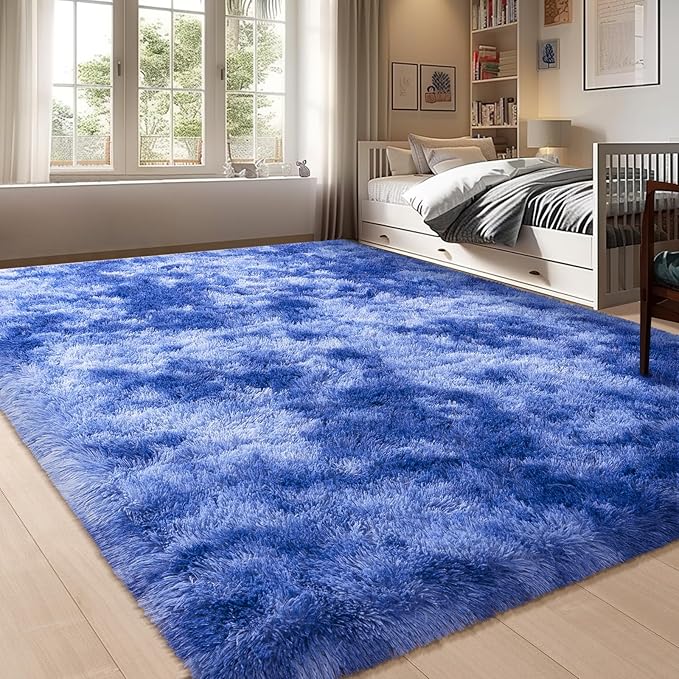 Living Room Rug 9x12, Soft Extra Large Tie Dye Blue Fluffy Shag Rug for Boys Bedroom, Non-Slip Modern Indoor Fuzzy Big Plush Rugs for Kids Room, Dorm, Home Decor