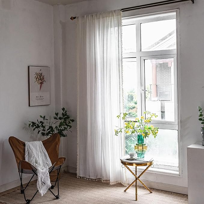 Deeprove Boho Curtain 96 Inches Long for Bedroom, Sheer Ivory Cotton Linen White Stripes Embroidery Shabby Chic Hollow Geometric, Semi Blackout Window Vintage Drape Tassels, 1 Panel W52 x L96